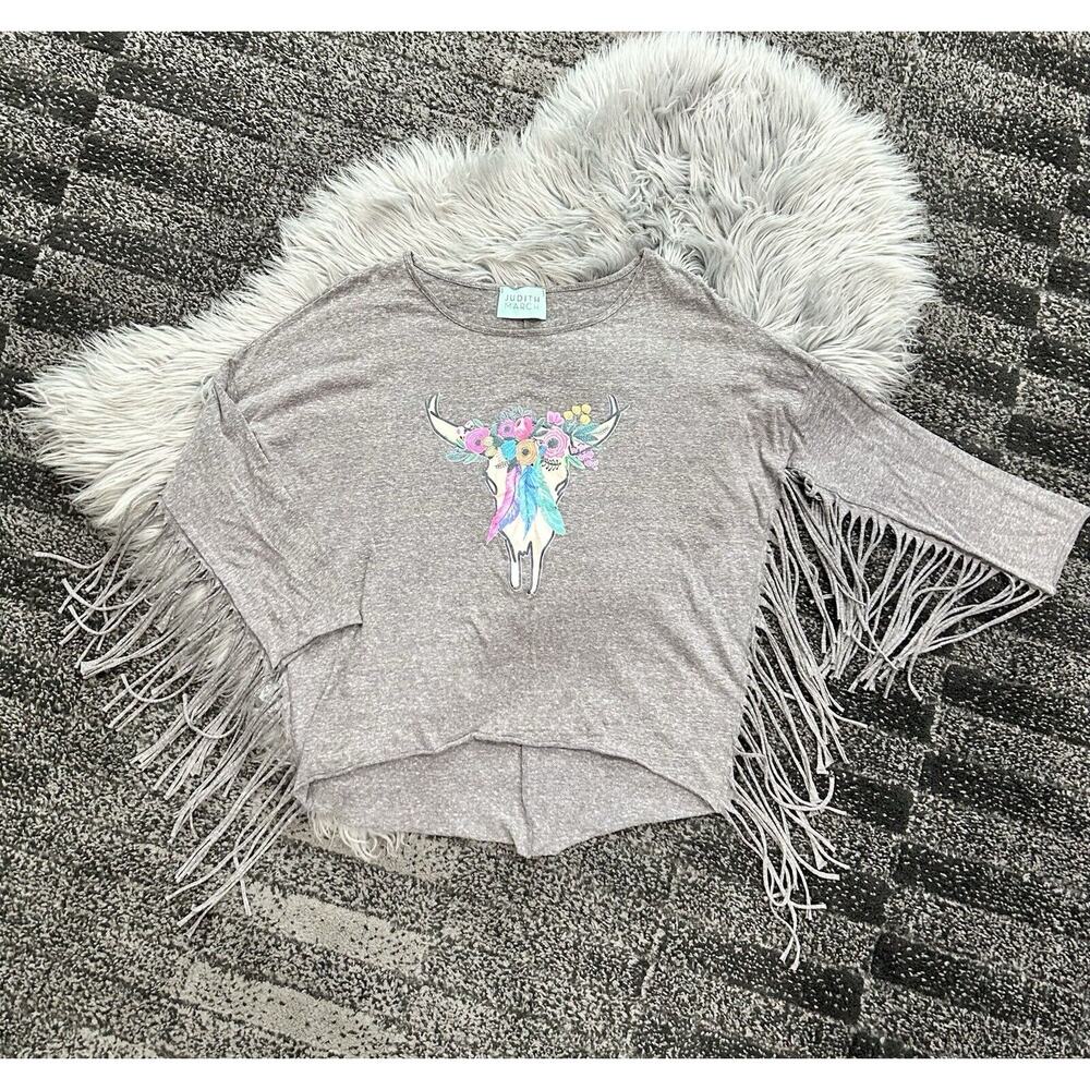 Judith March Anthropology Steer Head Floral Fringe T Size Medium